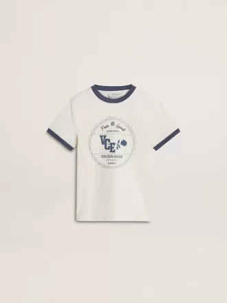 T-shirt bianca da bambino con stampa blu