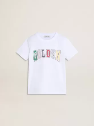 T-shirt bianca da bambino con stampa multicolore Golden