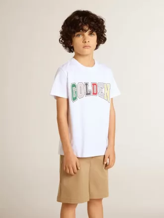 T-shirt bianca da bambino con stampa multicolore Golden