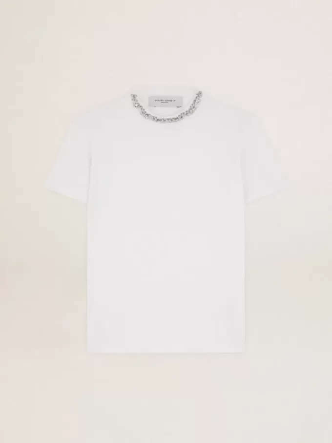 T-shirt bianca da donna con cristalli cabochon T-shirt bianca da donna con cristalli cabochon