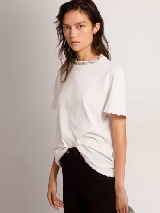 T-shirt bianca da donna con cristalli cabochon