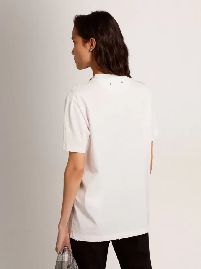 T-shirt bianca da donna con cristalli cabochon T-shirt bianca da donna con cristalli cabochon