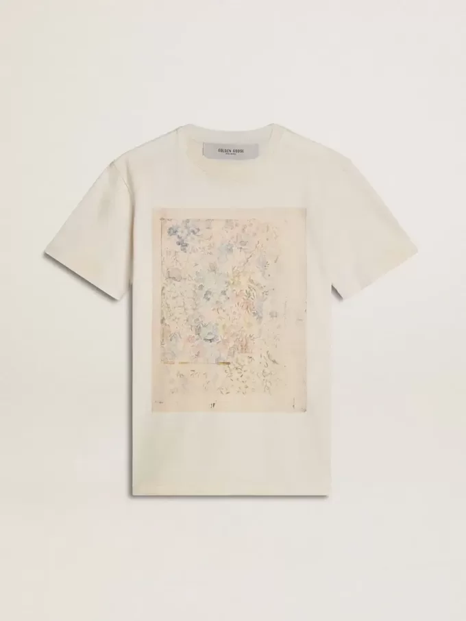 T-shirt bianca da donna con stampa floreale T-shirt bianca da donna con stampa floreale