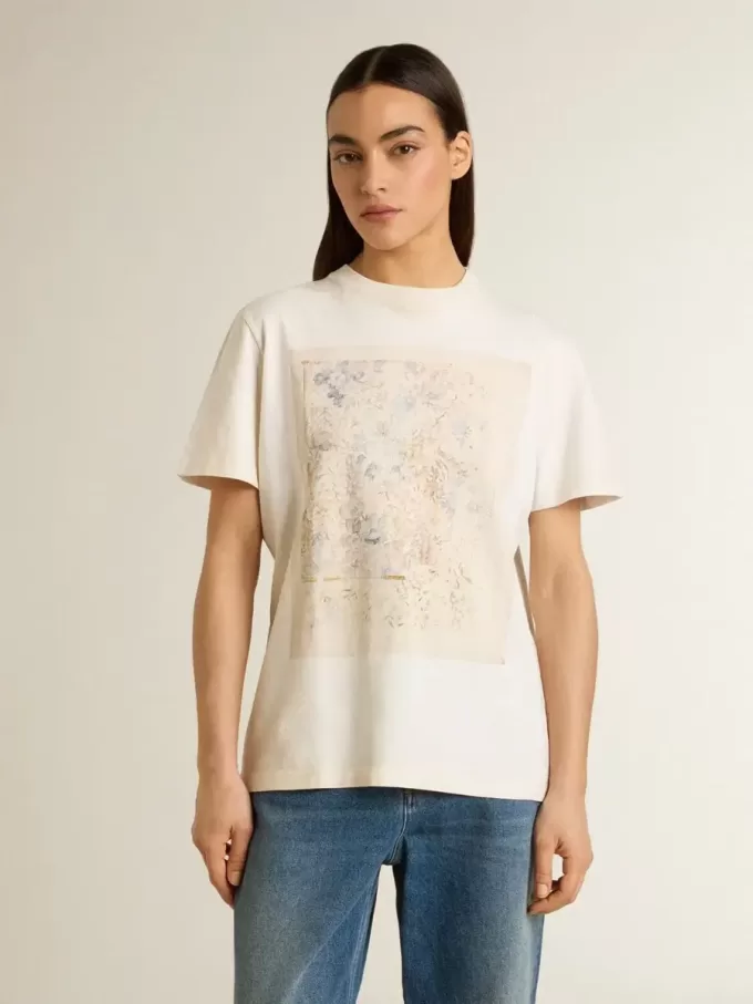 T-shirt bianca da donna con stampa floreale T-shirt bianca da donna con stampa floreale