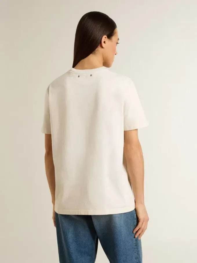 T-shirt bianca da donna con stampa floreale T-shirt bianca da donna con stampa floreale