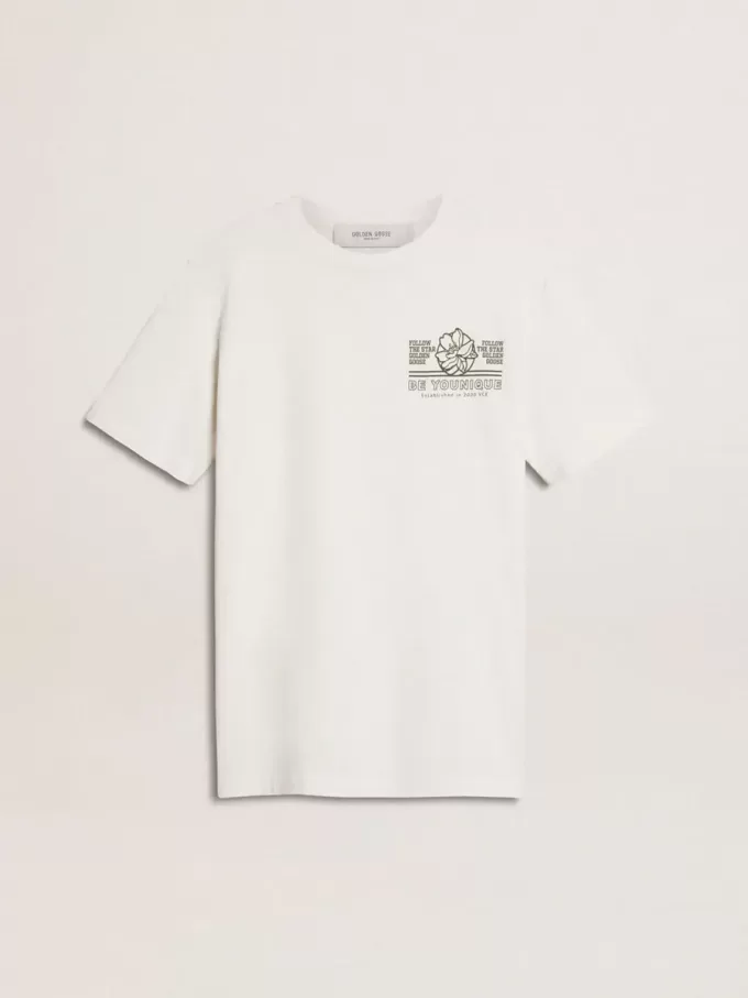 T-shirt bianca da donna con stampa nera sul petto T-shirt bianca da donna con stampa nera sul petto