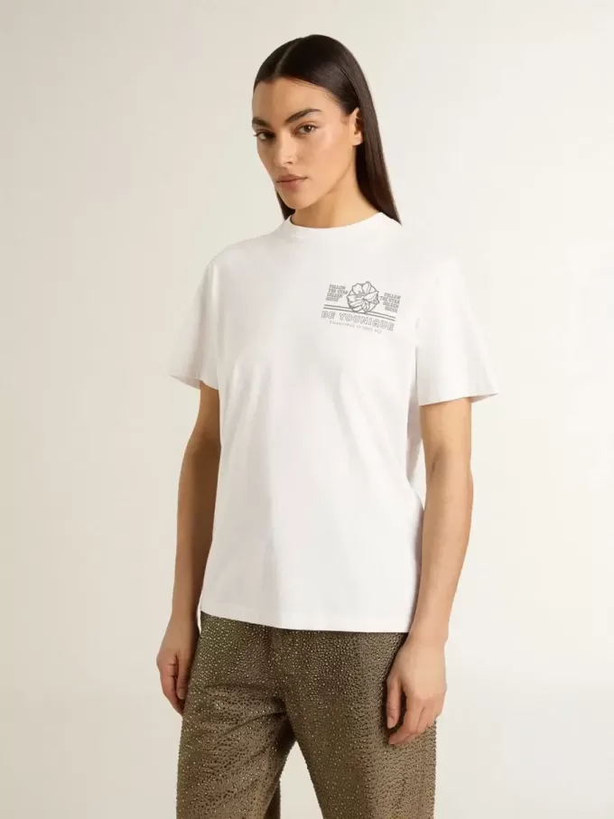 T-shirt bianca da donna con stampa nera sul petto T-shirt bianca da donna con stampa nera sul petto