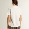 T-shirt bianca da donna con stampa nera sul petto T-shirt bianca da donna con stampa nera sul petto