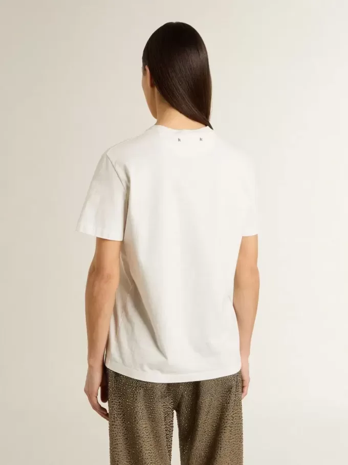 T-shirt bianca da donna con stampa nera sul petto T-shirt bianca da donna con stampa nera sul petto