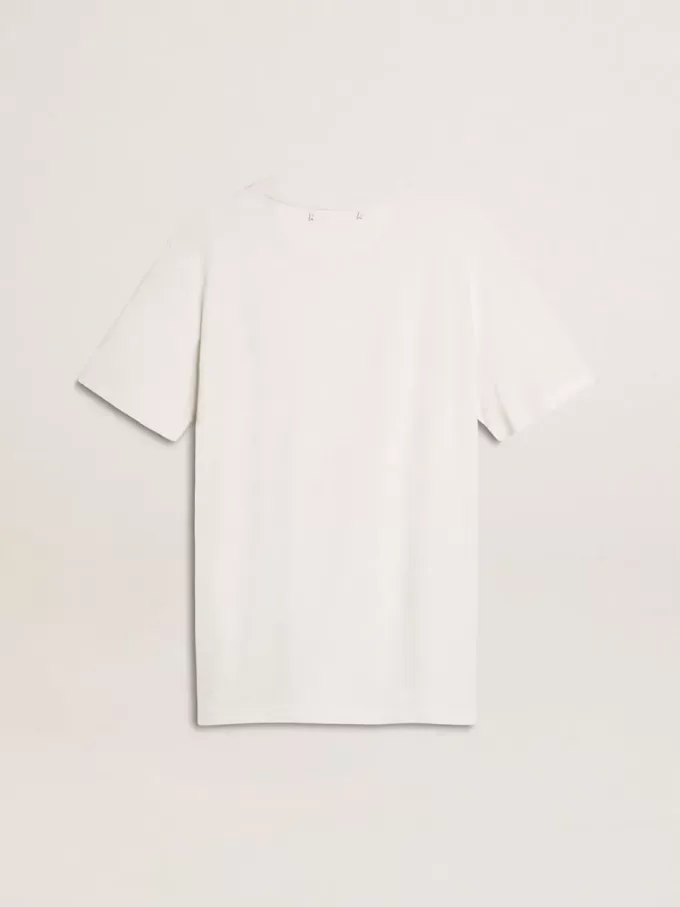 T-shirt bianca da donna con stampa nera sul petto T-shirt bianca da donna con stampa nera sul petto