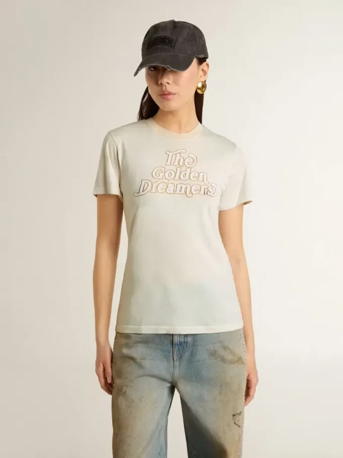 T-shirt bianca da donna con stampa sul davanti T-shirt bianca da donna con stampa sul davanti