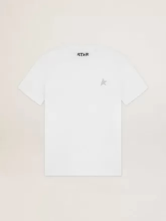 T-shirt bianca da donna con stella glitterata argento sul davanti