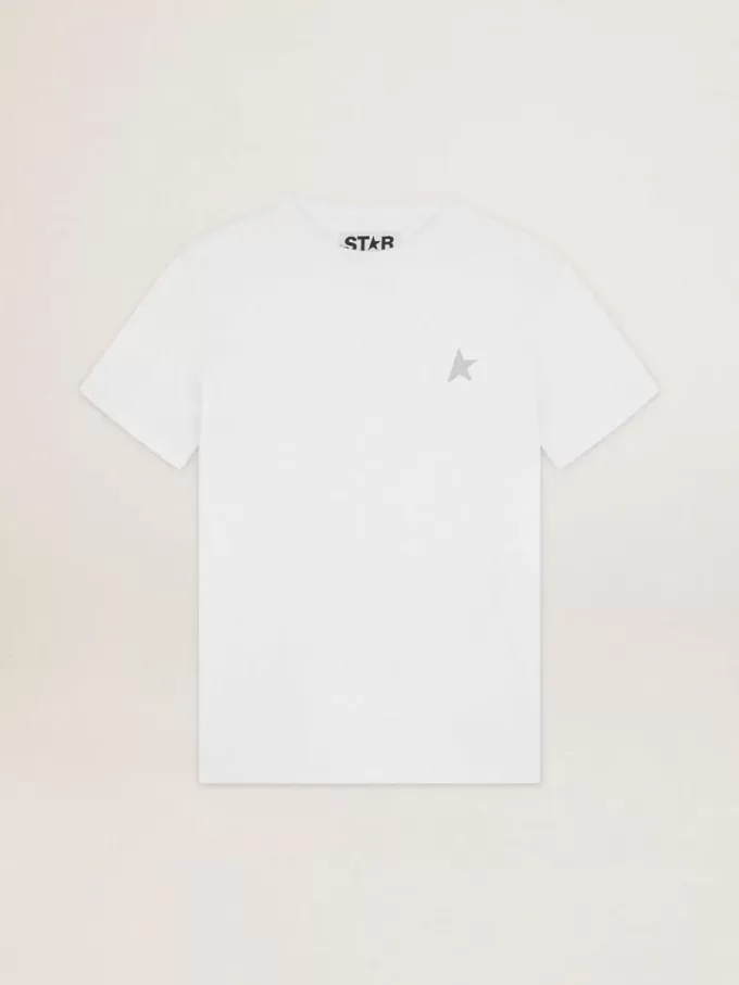 T-shirt bianca da donna con stella glitterata argento sul davanti T-shirt bianca da donna con stella glitterata argento sul davanti