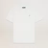 T-shirt bianca da uomo con stella glitterata argento sul davanti T-shirt bianca da uomo con stella glitterata argento sul davanti