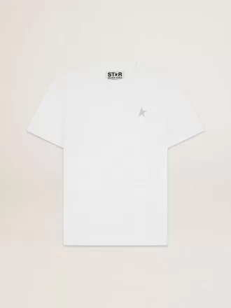 T-shirt bianca da uomo con stella glitterata argento sul davanti