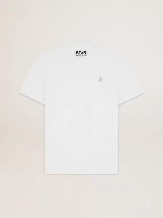 T-shirt bianca da uomo con stella glitterata argento sul davanti T-shirt bianca da uomo con stella glitterata argento sul davanti