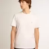 T-shirt bianca da uomo con stella glitterata argento sul davanti T-shirt bianca da uomo con stella glitterata argento sul davanti