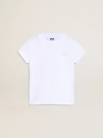 T-shirt bianca e argento con logo e maxi stella in glitter argento