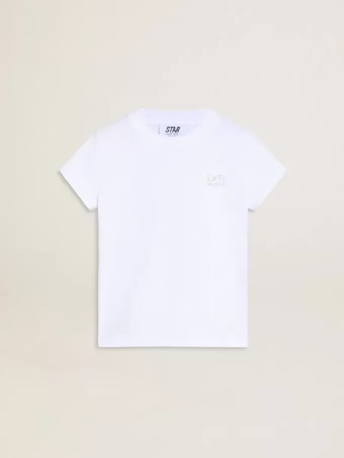 T-shirt bianca e argento con logo e maxi stella in glitter argento