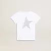T-shirt bianca e argento con logo e maxi stella in glitter argento