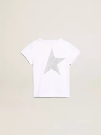 T-shirt bianca e argento con logo e maxi stella in glitter argento