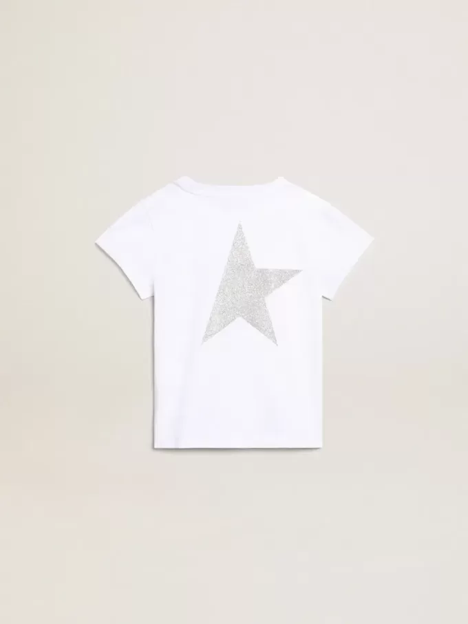 T-shirt bianca e argento con logo e maxi stella in glitter argento