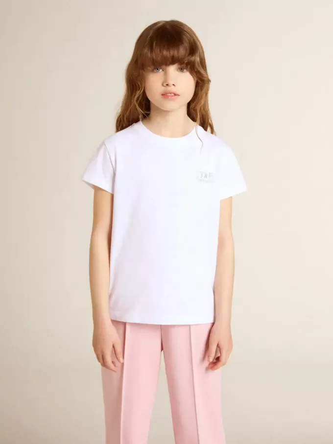 T-shirt bianca e argento con logo e maxi stella in glitter argento