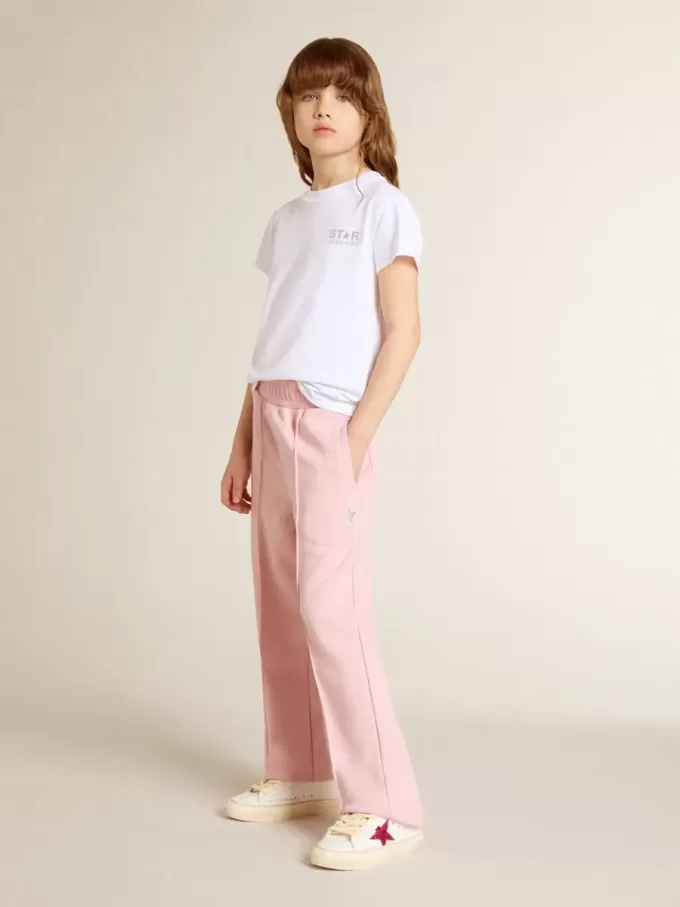 T-shirt bianca e argento con logo e maxi stella in glitter argento