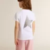 T-shirt bianca e argento con logo e maxi stella in glitter argento