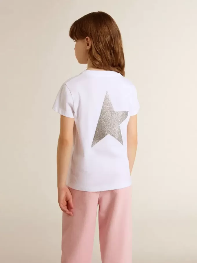 T-shirt bianca e argento con logo e maxi stella in glitter argento