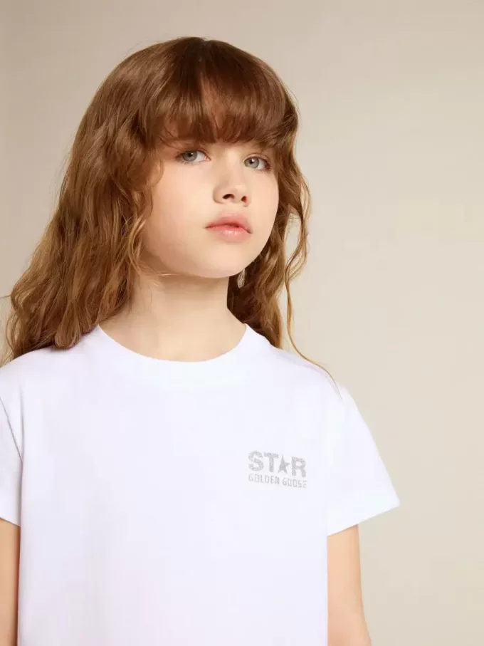T-shirt bianca e argento con logo e maxi stella in glitter argento