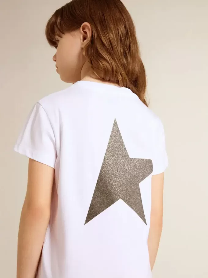 T-shirt bianca e argento con logo e maxi stella in glitter argento