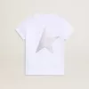 T-shirt bianca e argento con logo e maxi stella in glitter argento