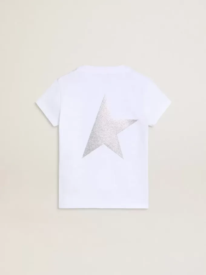 T-shirt bianca e argento con logo e maxi stella in glitter argento