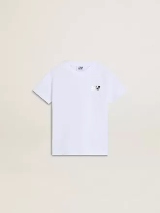 T-shirt bianca in cotone per bambino con stampa argentata