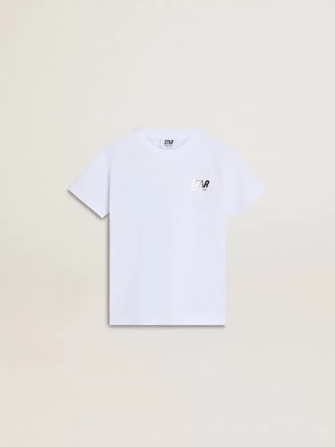 T-shirt bianca in cotone per bambino con stampa argentata T-shirt bianca in cotone per bambino con stampa argentata