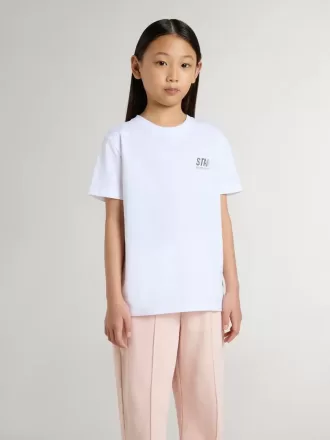 T-shirt bianca in cotone per bambino con stampa argentata