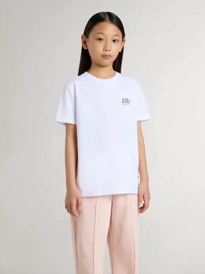 T-shirt bianca in cotone per bambino con stampa argentata T-shirt bianca in cotone per bambino con stampa argentata
