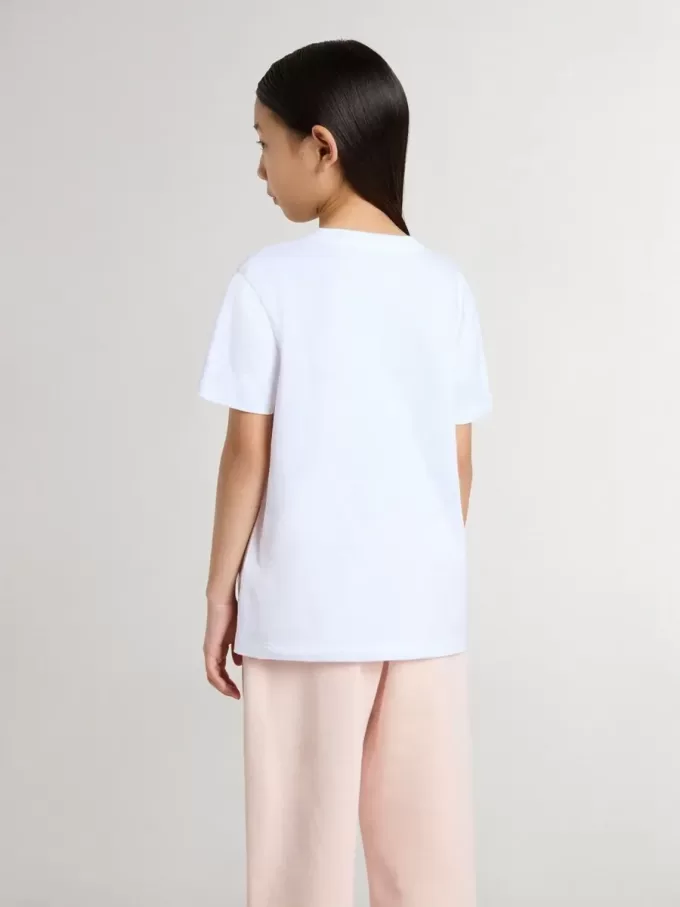T-shirt bianca in cotone per bambino con stampa argentata T-shirt bianca in cotone per bambino con stampa argentata