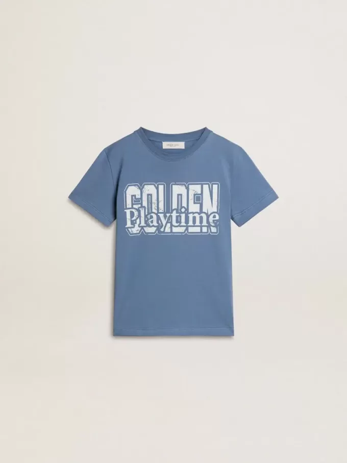 T-shirt blu da bambino con stampa bianca T-shirt blu da bambino con stampa bianca