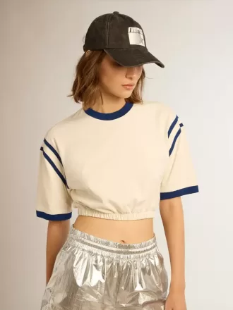 T-shirt corta in cotone bianco invecchiato con scritta sul retro T-shirt corta in cotone bianco invecchiato con scritta sul retro