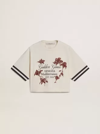 T-shirt corta oversize da donna in jersey bianco con ricami e stampa “Venezia Mediterraneo”