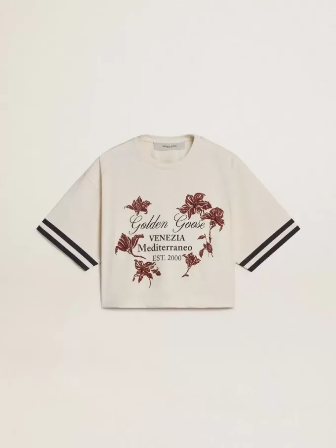 T-shirt corta oversize da donna in jersey bianco con ricami e stampa “Venezia Mediterraneo”