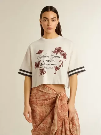 T-shirt corta oversize da donna in jersey bianco con ricami e stampa “Venezia Mediterraneo”