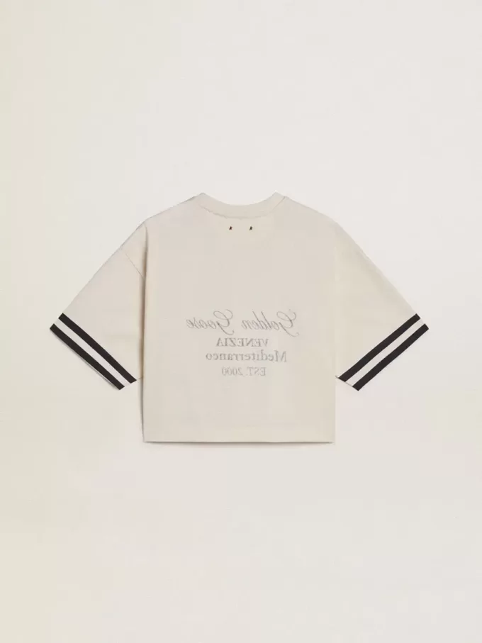 T-shirt corta oversize da donna in jersey bianco con ricami e stampa “Venezia Mediterraneo”