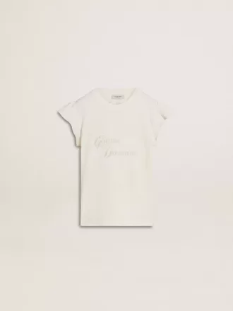 T-shirt da bambina con maniche a volant con scritte e ricami