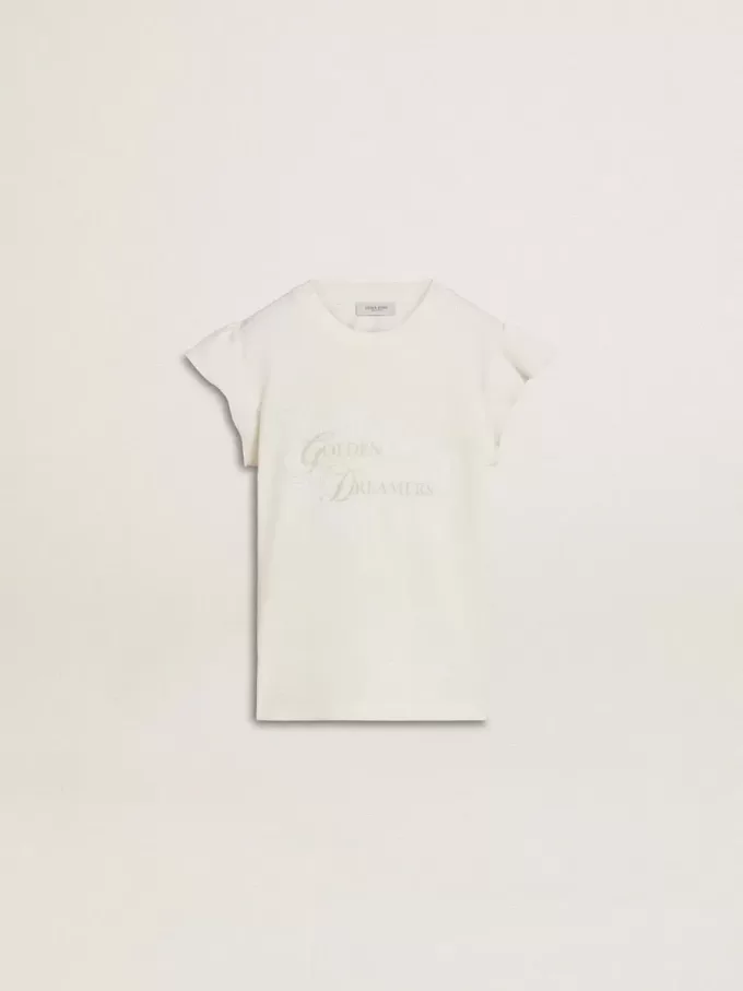 T-shirt da bambina con maniche a volant con scritte e ricami