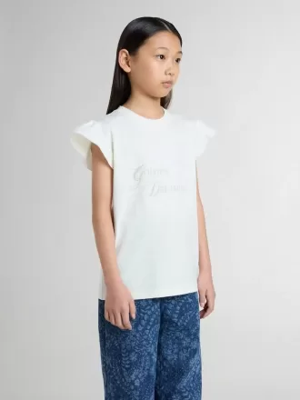 T-shirt da bambina con maniche a volant con scritte e ricami