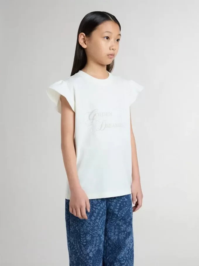 T-shirt da bambina con maniche a volant con scritte e ricami
