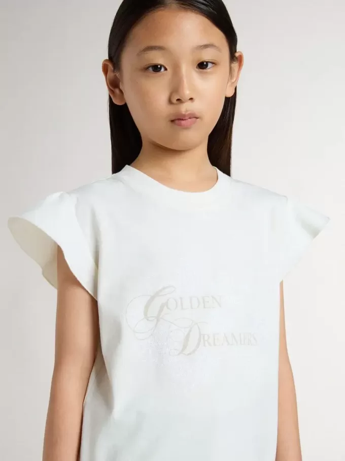 T-shirt da bambina con maniche a volant con scritte e ricami